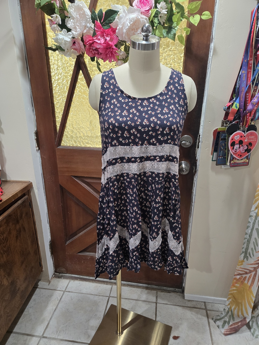 ODDY Navy Floral Lace-Trim Sleeveless Dress